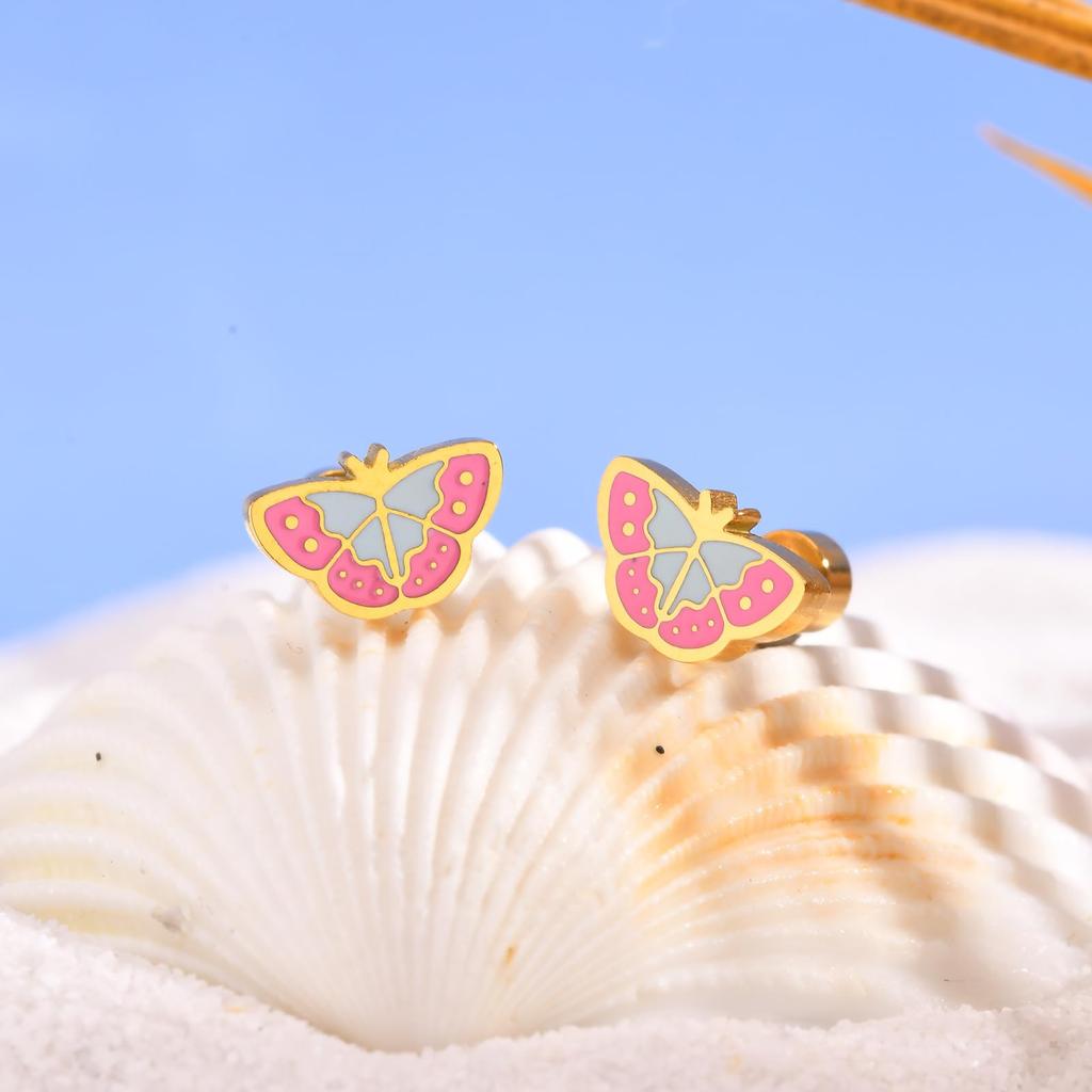 Rockyu Allure Earrings for Butterfly Stainless Pink Birthday Gift Kids, Gold, Design, Steel, Enamel, Cute, Blue, 2g,
