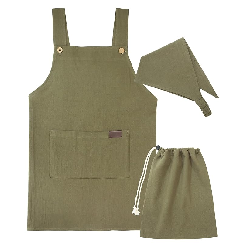 ON NISHIKI Kids  Apron Set (3-Piece Set) (Apron, Triangle Scarf, Drawstring Bag) 100% Cotton, Skin-Friendly, Lightweight, for Boys and Girls, with