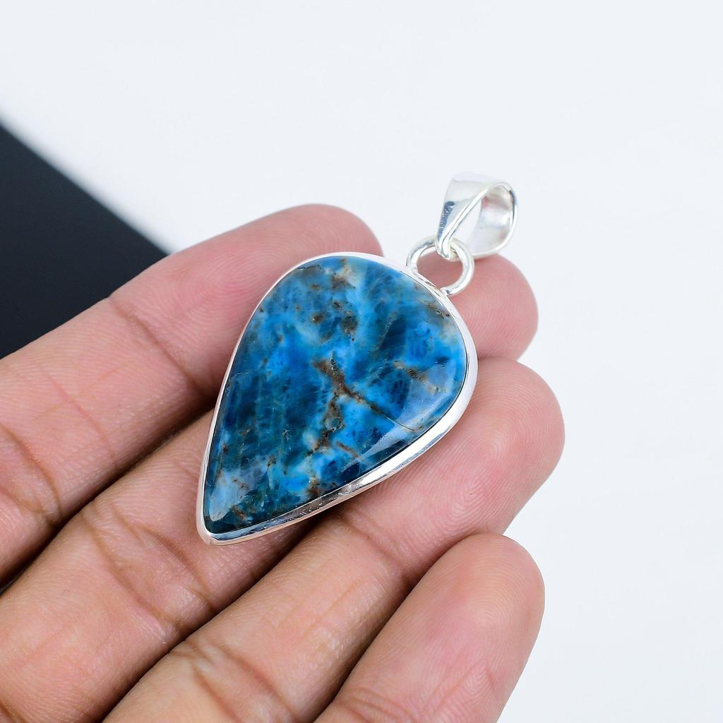Natural Neon Blue Apatite Gemstone Silver Pendant In 925 Sterling Silver - Handmade Pear Design, Everyday Wear Jewelry Birthday Gift