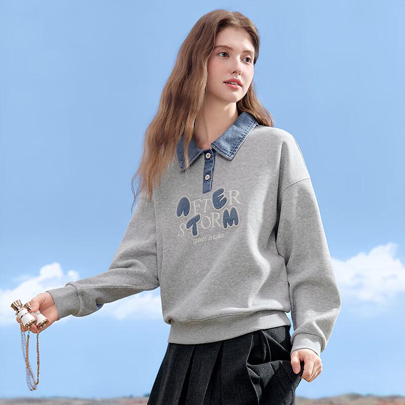 BETU Women's 2025 Autumn Embroidered Denim Patchwork Sweatshirt