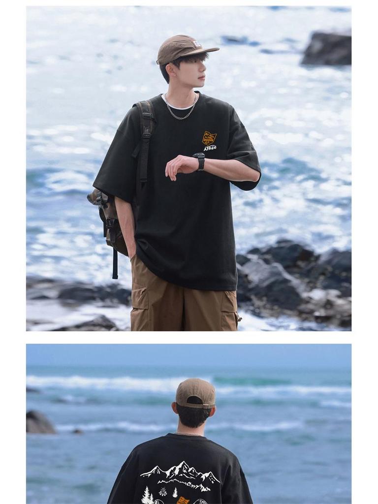 Męska luźna koszulka z krótkim rękawem, ciężka, wykonana z czystej bawełny