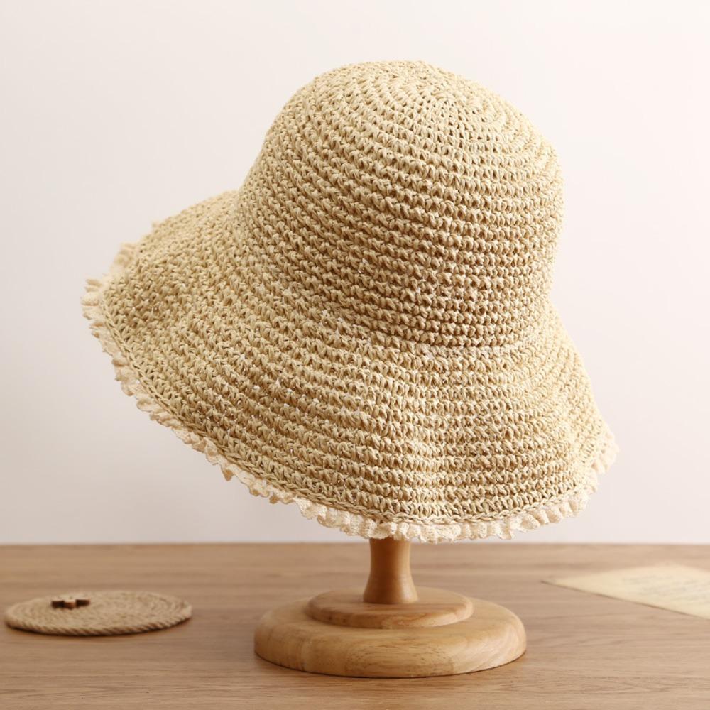 

Casual Foldable Summer Sun Hat Hollow Sun Protection Straw Hat Lace Trim Women s Hat Outdoor Bucket Hats бежевый