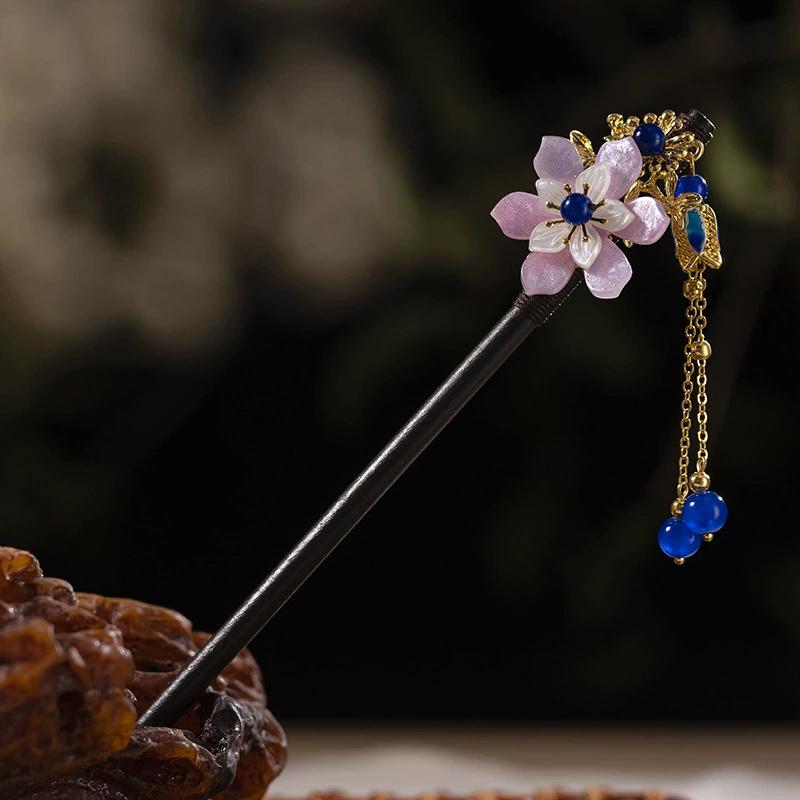 1Pc Wooden Hairpin Headwear for Women'S Chinese Flower Tassel Hair Sticks Headdress Elegant Hair Styling Accessories Gifts