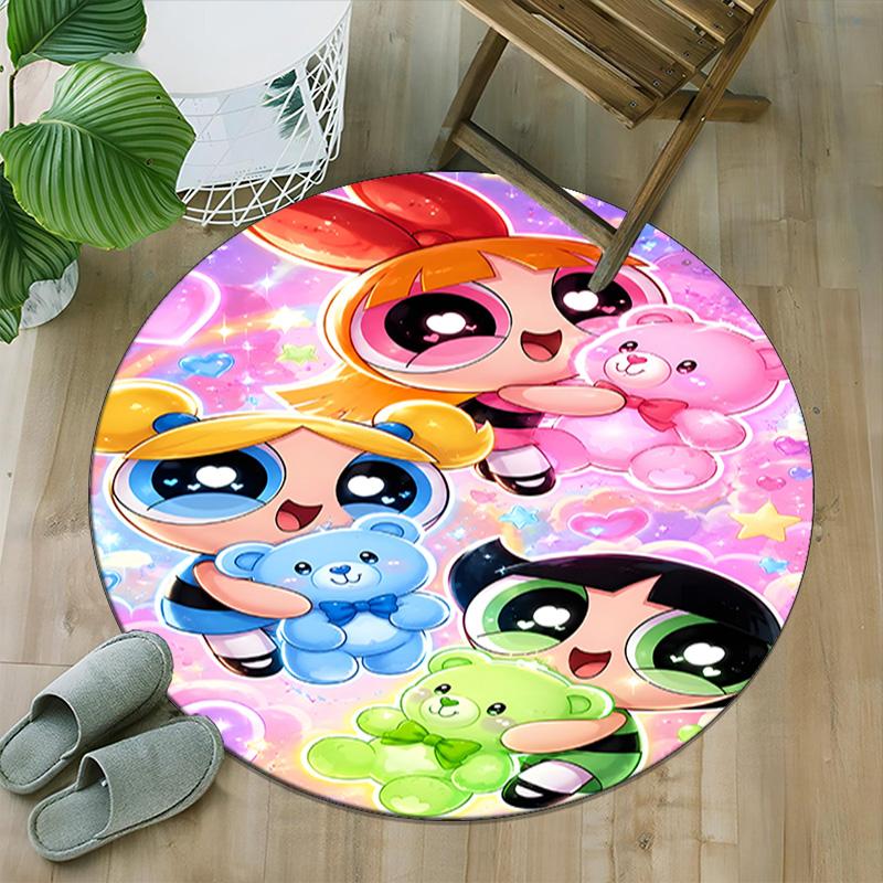 1pc Powerpuff6 Carpet, Round Rug, Comfortable, Suitable for Entryways, Living Rooms, Office, And Bedrooms, Christmas Decoration