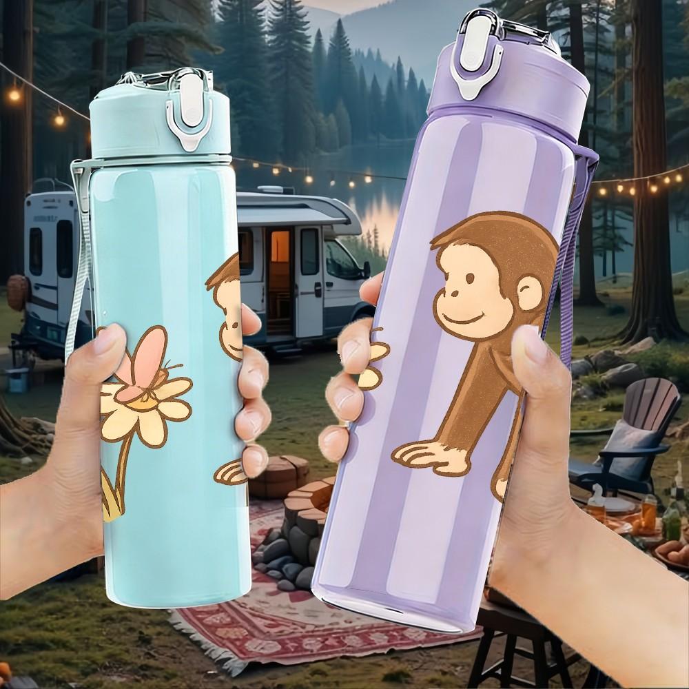 1PC Flower Monkey Cartoon Illustration 750ml Color Plastic Sports Water Bottle Leakproof Flip Straw Lid Suitable for Sports Office Home Use