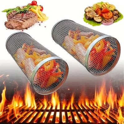 Barbecue Cages BBQ Rolling Grilling Basket Grate Stainless Steel BBQ Grill Basket Mesh Perfect for BBQ Rolling