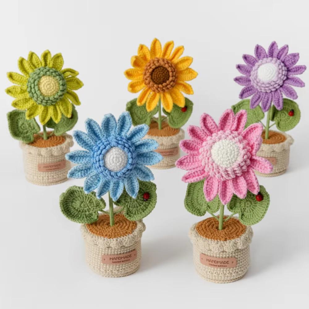 Room Decor Knitted Flower Friend's Gift Artificial Sunflower Pot Crochet Sunflower Potted Home