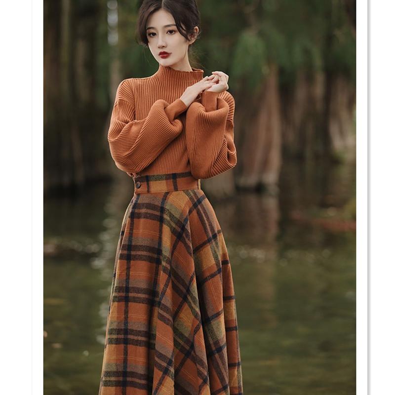 Women's Autumn Winter Vintage Plaid Long Skirts Sweater Two-Piece Set French Lady Graceful Knit Pullover High Waist Skirt Outfit
