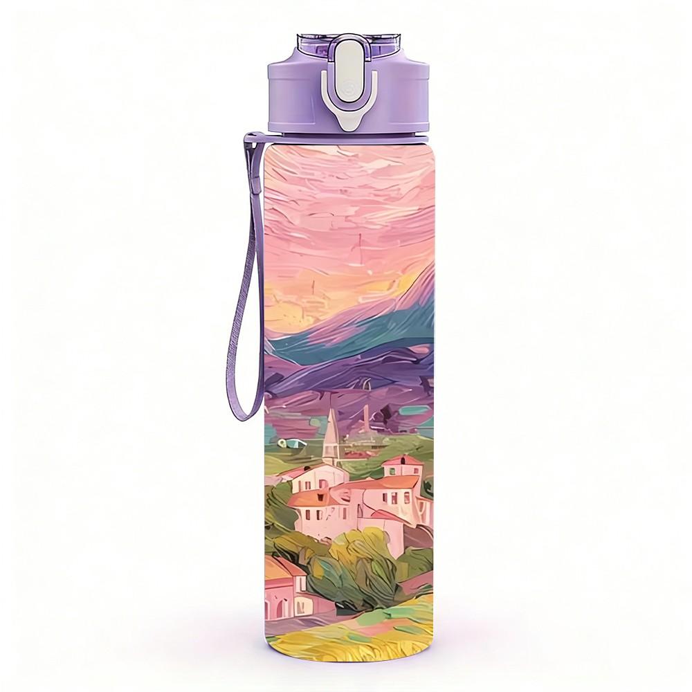 1PC Pink Sunset Mountain Village Landscape Art 750ml Color Plastic Sports Water Bottle Leakproof Flip Straw Lid Suitable for Sports Office Home Use