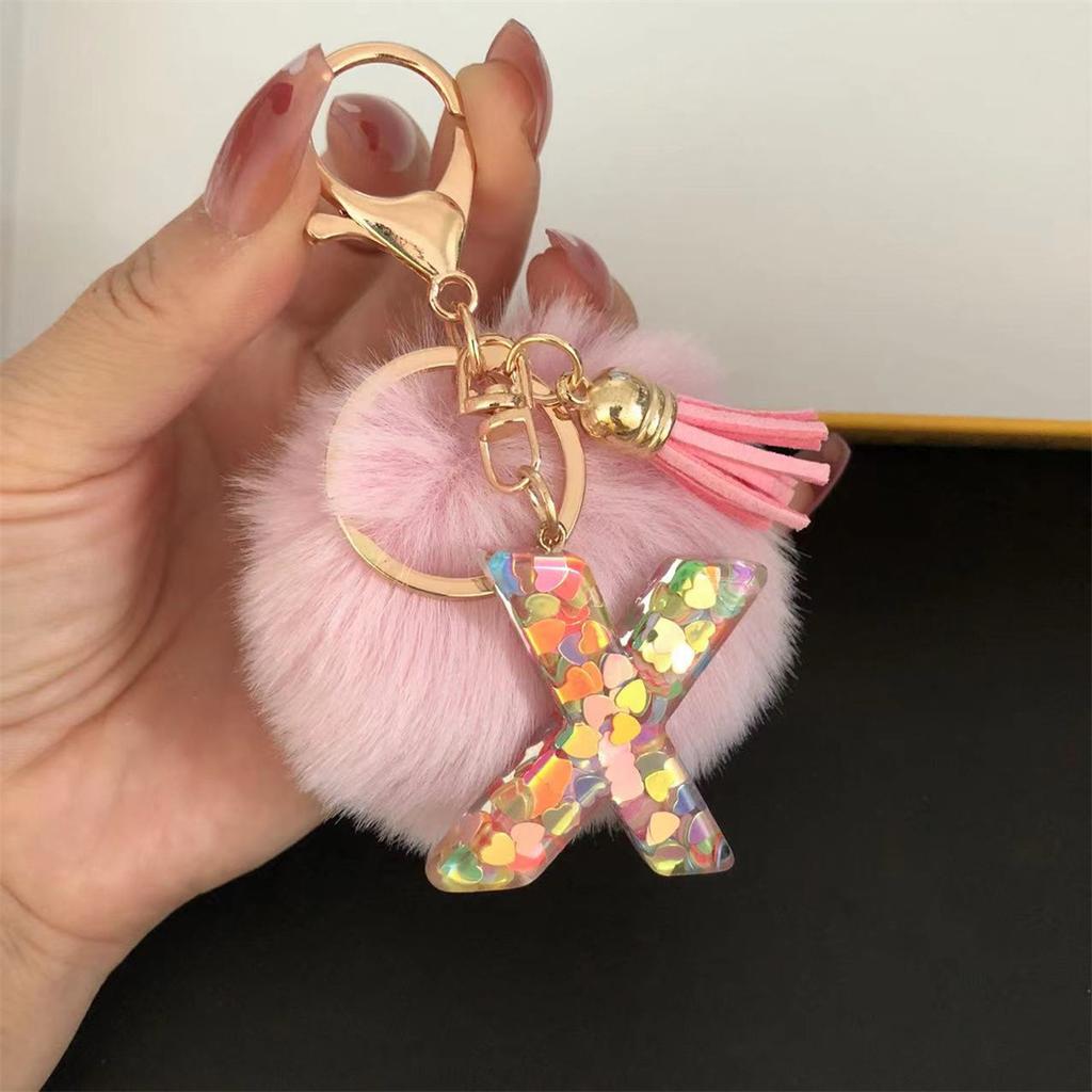 Trend Acrylic Pink Pompom Glitter 26 Initials Letter Keychain With Fluffy Resin Alphabet Charms Key Pendant Party Gift