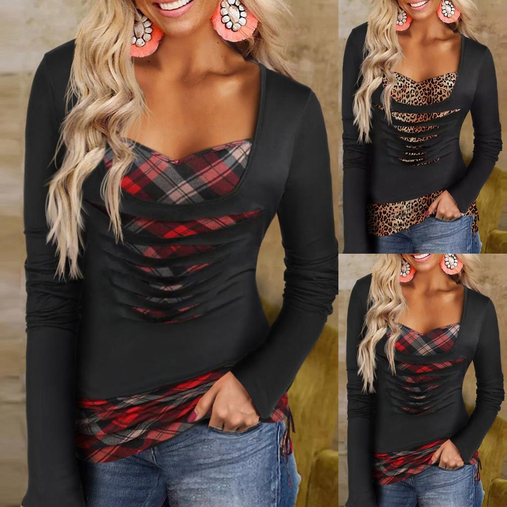 Fashion Women's Long Sleeve Printed Shirts V-Neck Tops Bottoming Shirts