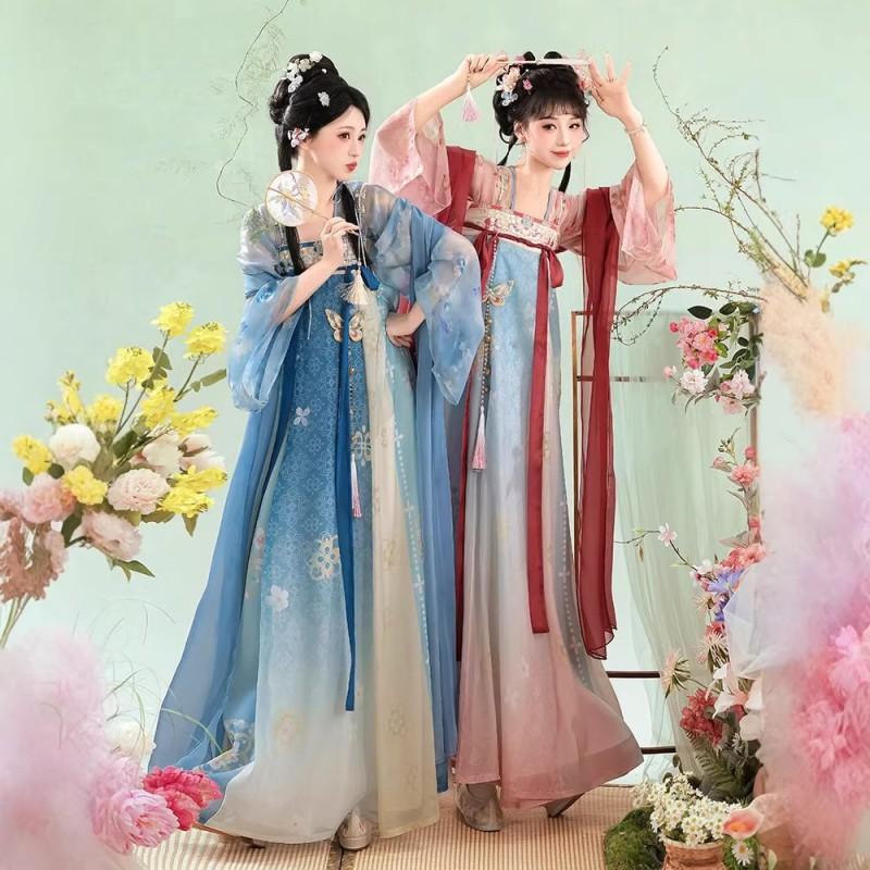 Womens Tang Dynasty Style Hanfu Set With Embroidered Floral Print Lightweight Chiffon Top High-Waist Skirt Daily Wear