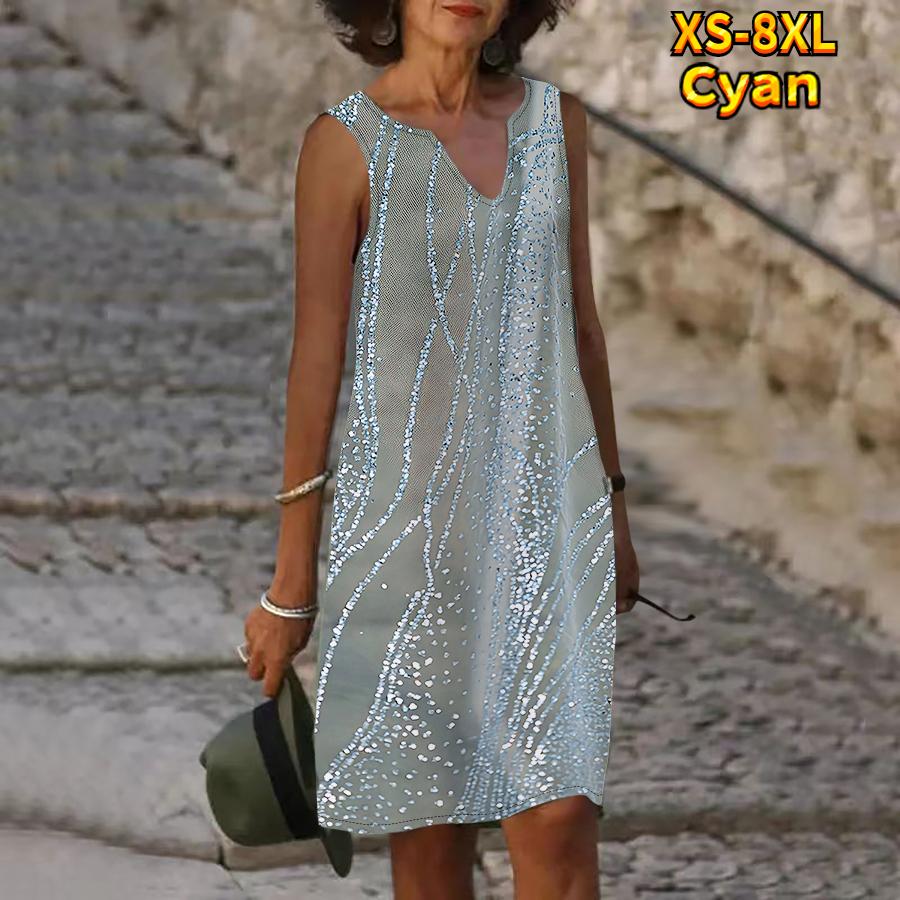 Rochie cu imprimeu cu sclipici argintiu de vară pentru femei, cu decolteu în V, ocazional, fără mâneci, la modă, lejer, sexy, rochii mari mari XS-8XL