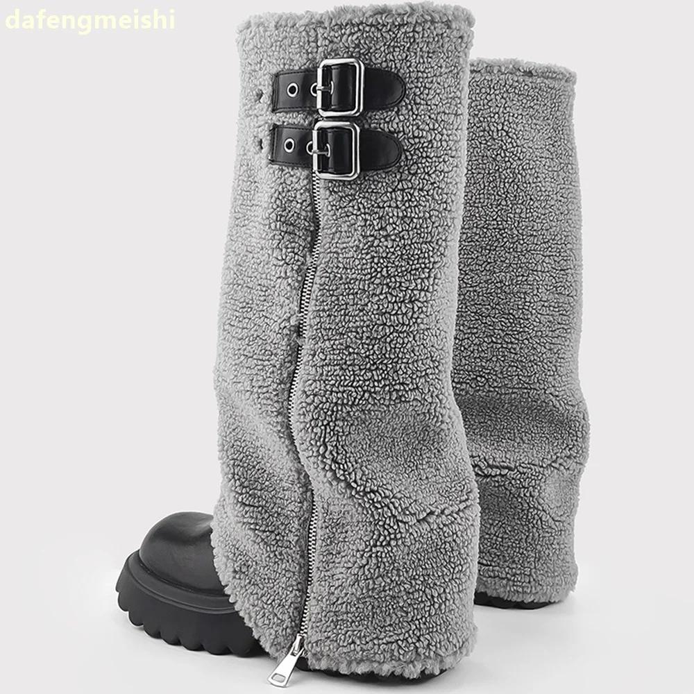 2025 New Winter Snow Boots Gray Fur Zipper Sleeve Shark Boots Platform Heightening Women Mixed Color Knee-High Boots