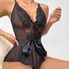 Women Bedroom Bodysuit V Neck See-through Lace Patchwork Bow Ruffle Playsuit Off Shoulder Backless Adjustable Spaghetti Strap Nightdress for