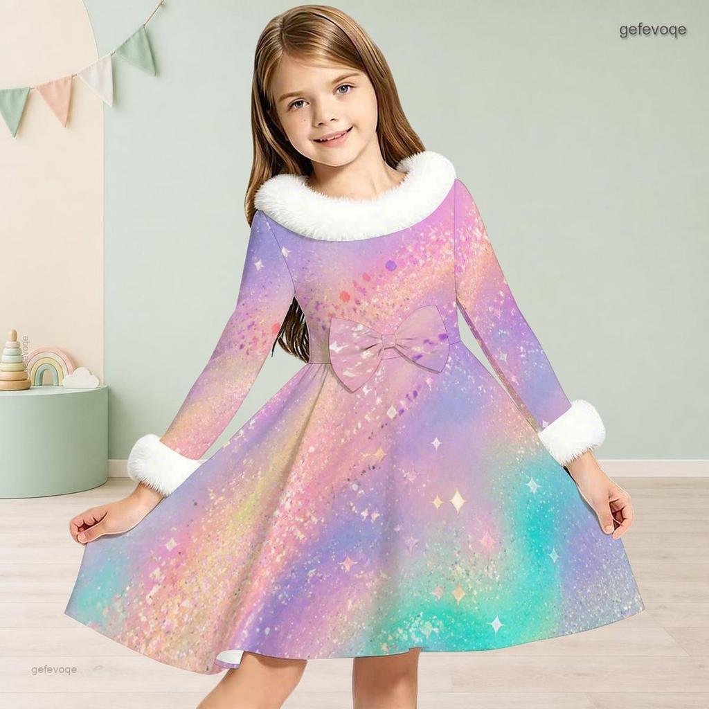 Girls High Neck Long Sleeve Pastel Printed A Line Flared Dress With Faux Fur Trim Big Bow