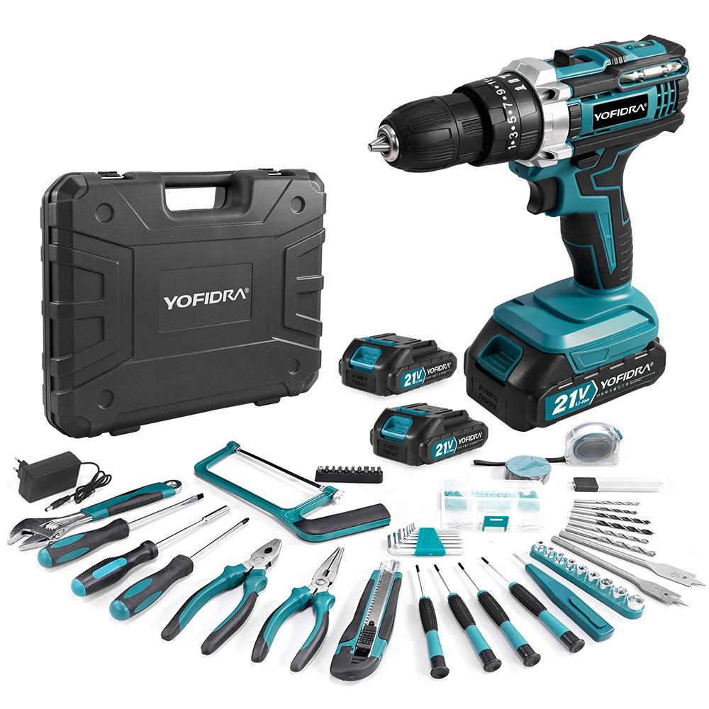 Yofidra 60N.M L 25+3 Torque Electric Impact Dril Cordless Electric Screwdriver With 32/53PCS Tool Kit Power Tool For 21V Battery