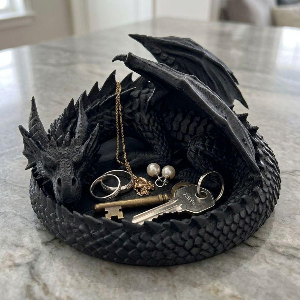 Gothic Dragon Guardian Catchall Dish 3D Printing Dragon Shaped Trinket Bowl  Home Decor