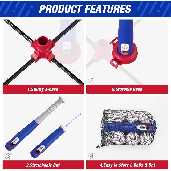 3-in-1 Baseball Set for Kids 3-5 - Tee Ball Stand, Hanging Tee, Ball Launcher and 6 Softballs - Adjustable Height, Indoor/Outdoor Sport Gifts for