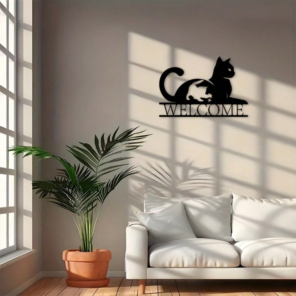 Modern Cat Welcome Sign Metal Wall Art Black Iron Plaque Pet Lovers Gift Housewarming