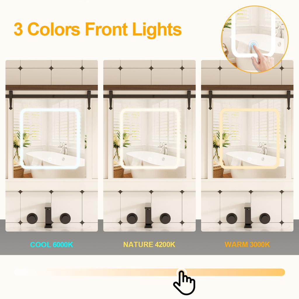 With Sliding Door 3-color Light Adjustment, Anti-fog LED Mirror Cabinet Farmhouse Bathroom Mirror Cabinet for Bathroom Bedroom