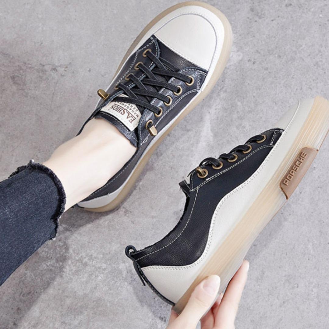 

Женские кроссовки из натуральной кожи - подошва из вулканизированной резины, повседневные белые туфли без застежек, дышащие удобные мокасины на плоской подошве 38 чёрный