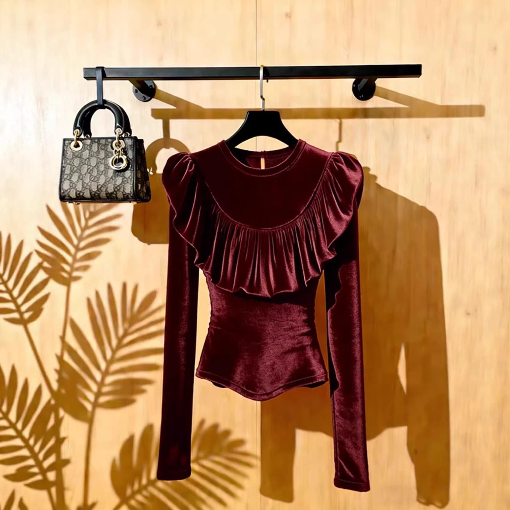Burgundy Velvet Ruffled Shirt for Women - Winter Luxury Top L