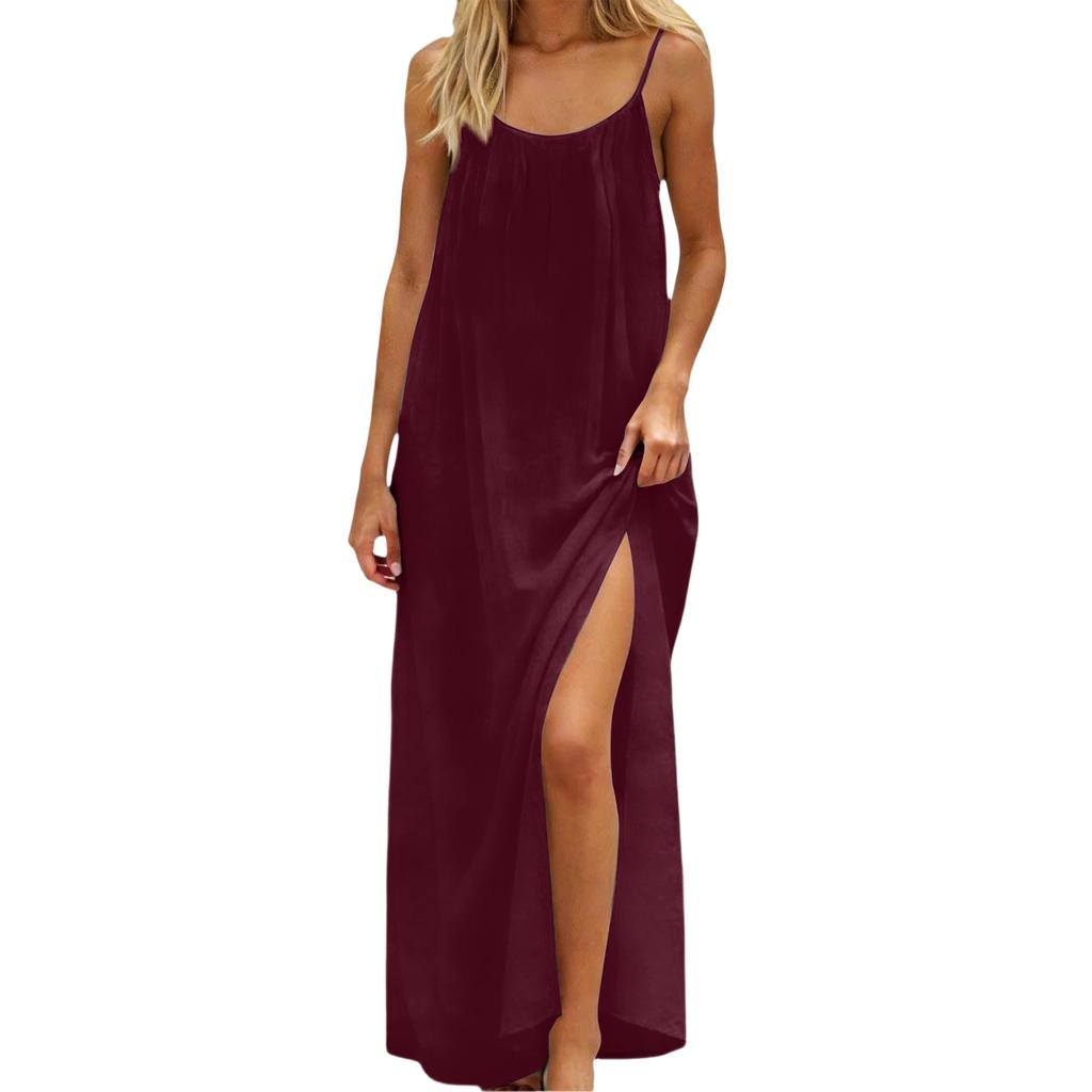 Women's Color Casual Camisole Regular Pleated Dress Long Skirt