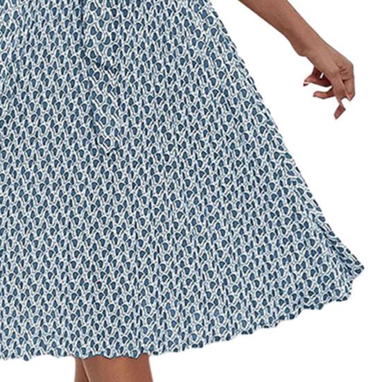 Women's Floral Printed Midi Dress Casual Crew Neck Short Sleeve Swing Dress with Belt Summer Beach Pleated Sundress