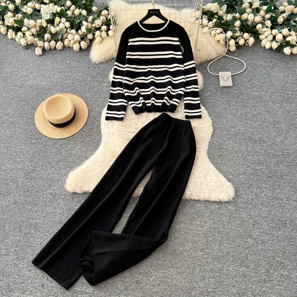 Autumn Winter Women Casual Striped Knitted Sweater Trouser Two Piece Set Full Sleeve Pullover Tops and Wide Leg Pant Tracksuit