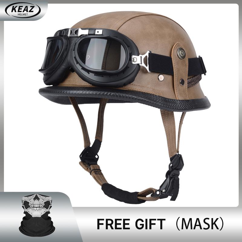 

Заводская цена Мотоциклетный кожаный шлем-полулицо в немецком стиле Одобрено DOT Шлемы-кепки 1/2 скорлупы + Очки Шлем открытого типа M