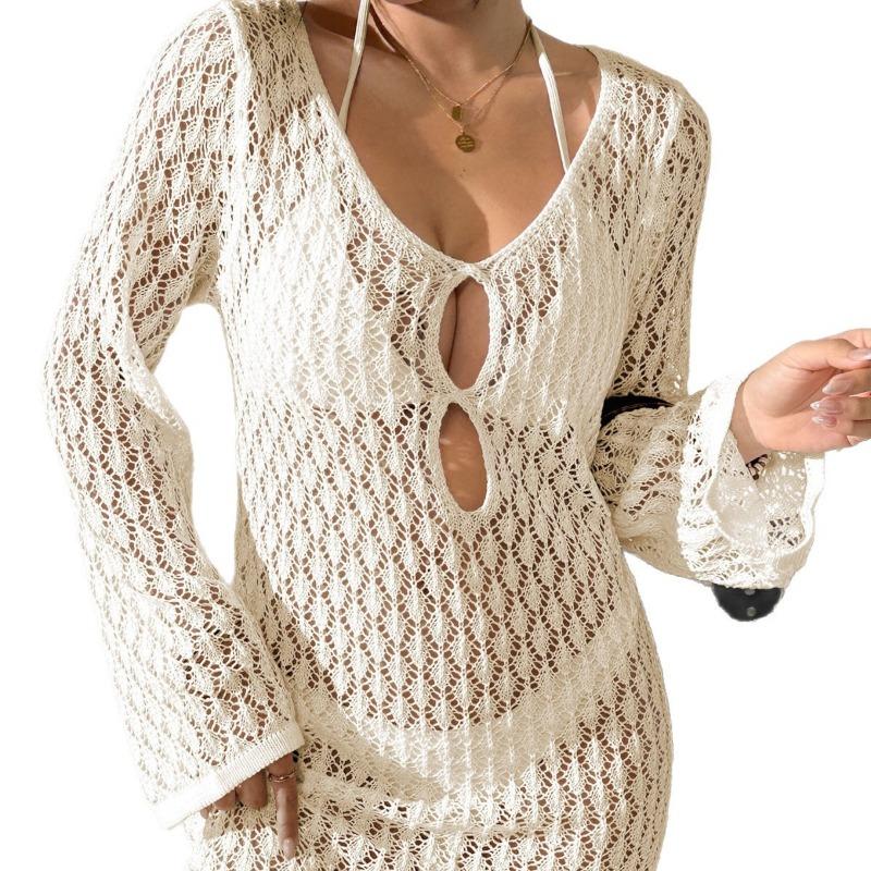 Summer Hollow Out Knit Beach Cover Up Long Sleeve Cut Out Crochet Swimwear Cover Up Dress