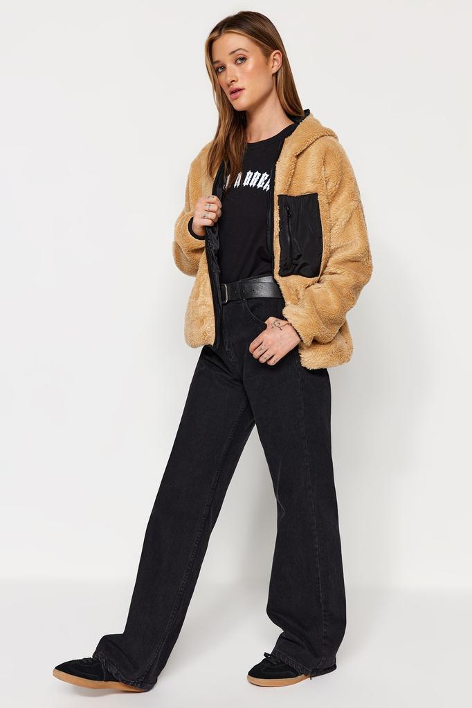 Damenmode Neuer Mantel Camel Oversize Kapuzentasche Detaillierter Plüschmantel