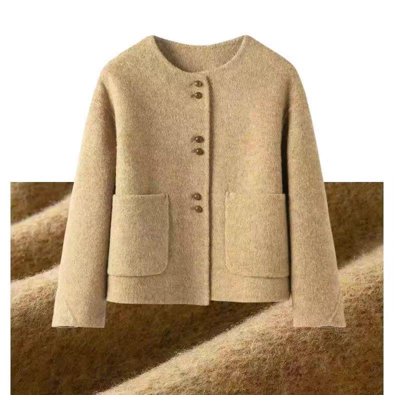 2025 New Korean Style Women's Short Wool Coat: Double-Sided Fragrance Style with Round Neck