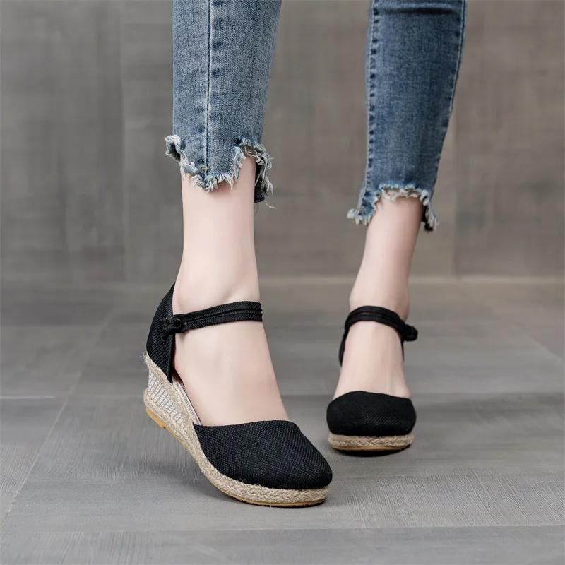 

Женские босоножки на танкетке с ремешком на щиколотке Весна, Лето Бохо Стиль Однотонные Босоножки на танкетке и платформе Плетеные Туфли для ходьбы для обуви 42 чёрный