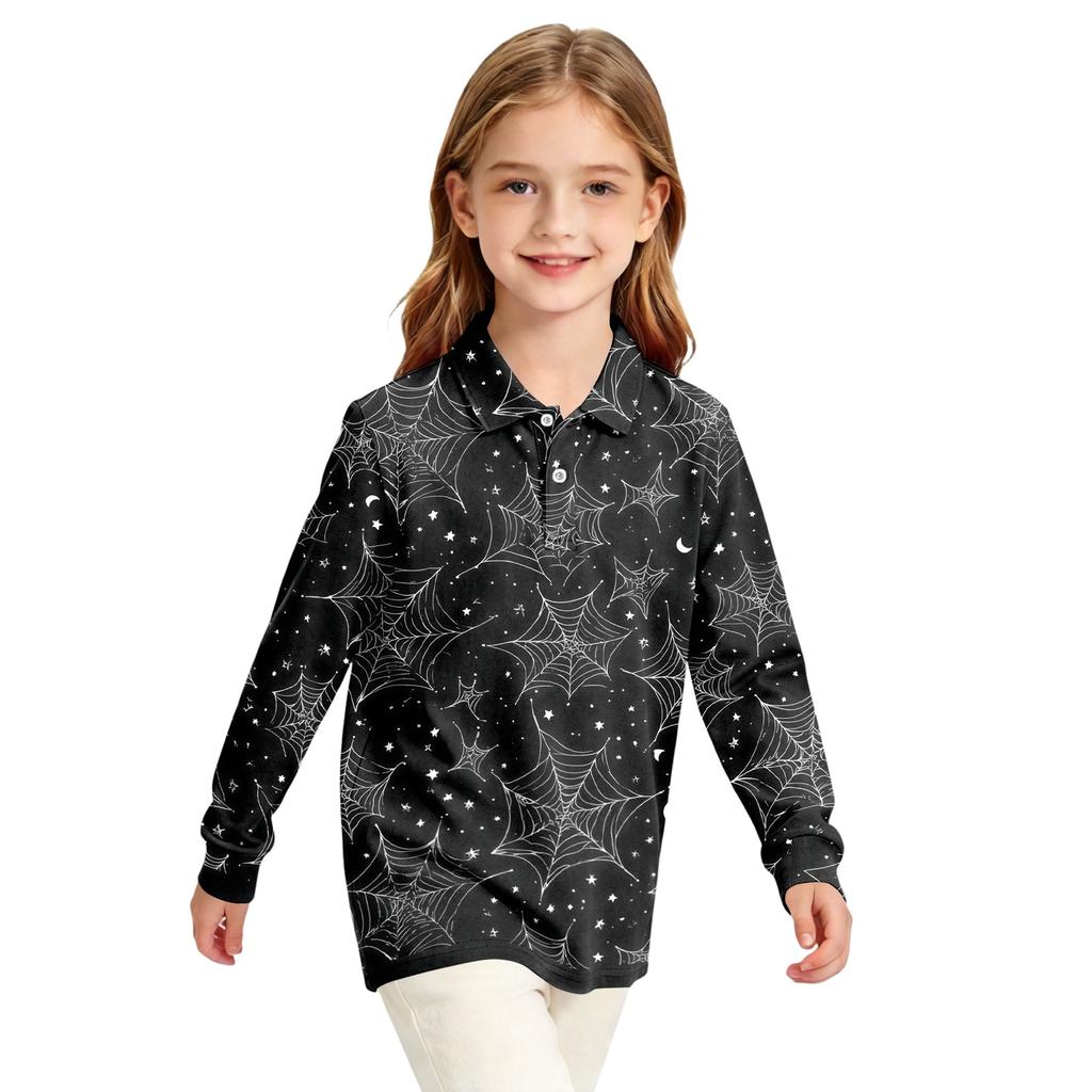 Girls School Uniform Top with Halloween Print Long Sleeve Casual Blouse for Daily Wear