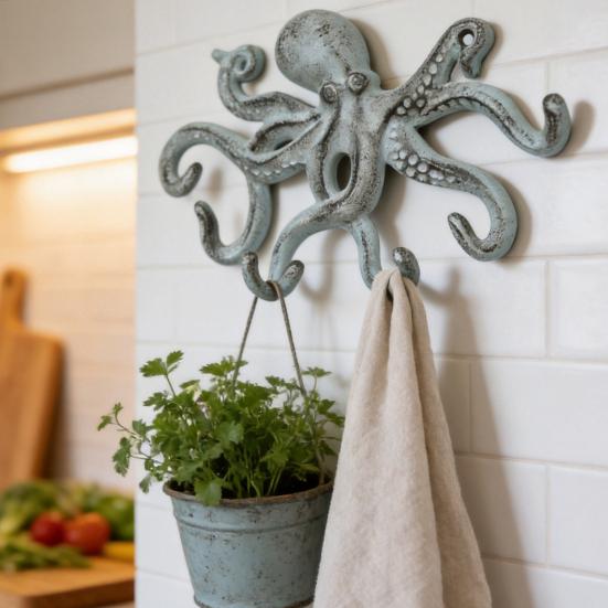 Gancho Decorativo para Abrigos de Pulpo de Hierro Fundido, Colgador de Metal Rústico para Ropa en Pared, Portarrollos para Toallas de Mano Náutico para Dormitorio Baño Cocina