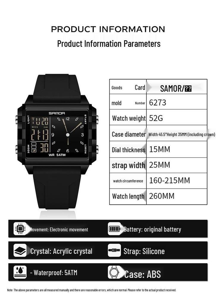 Sanda Men's & Women's Fashionable Dual Time Large Square Dial Luminous Waterproof Watch