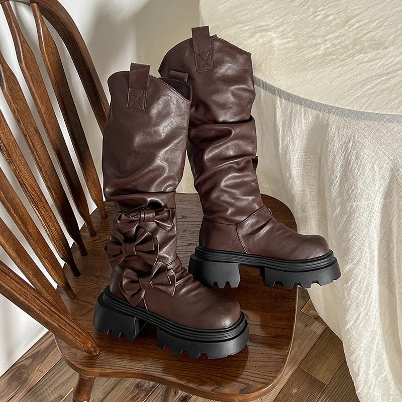 

Thick-soled boots children s 2025 new autumn and winter thin high boots v-mouth piled boots knight boots 40