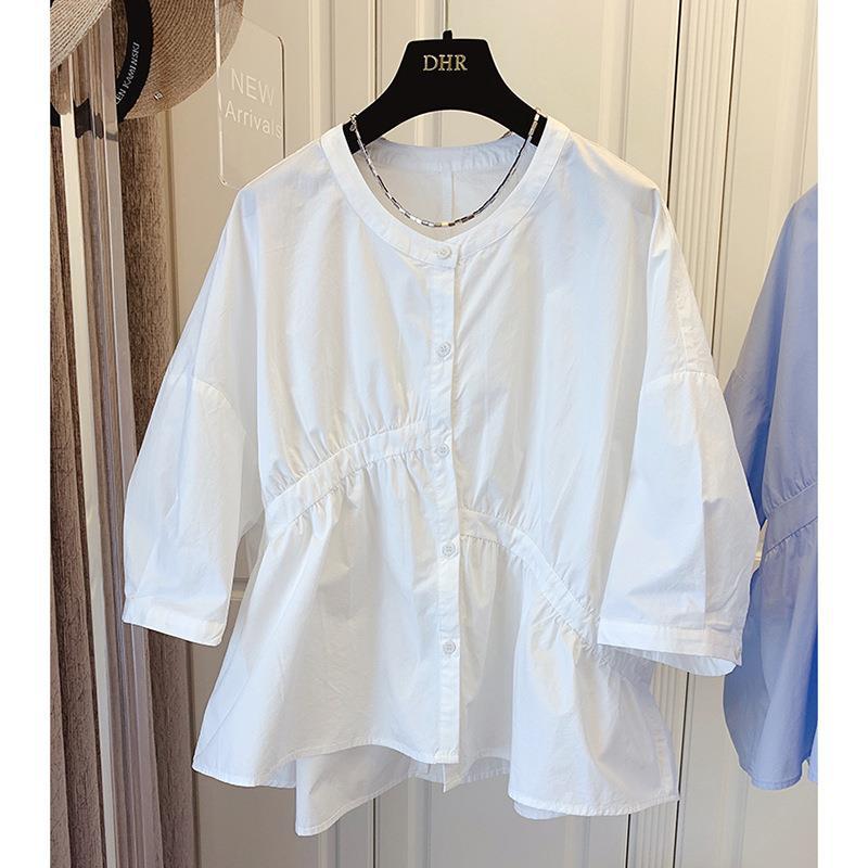 

Летняя повседневная блузка женская с круглым вырезом и коротким рукавом корейская мода однотонная свободная на пуговицах женские топы рубашки XS белый