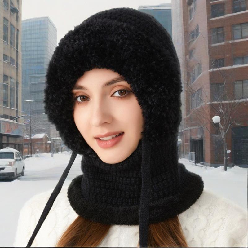 One-piece hat plus velvet thickened face-covering knitted hat, bib, mask, warmth kit