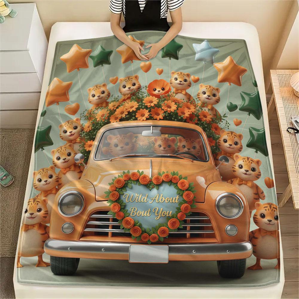 1Pc Pickup Truck Animal Print Flannel Blanket, High Quality Comfortable for All Seasons, Home Decor, Warmth and Comfort, Perfect for Christmas Gifts