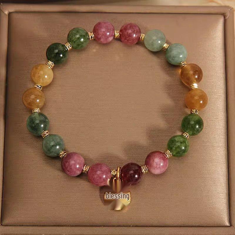 Women's Natural Tourmaline Flower Bracelet: Chinese Style Fu Character, Seven-Color Beads, Ideal Gift for Bestie or Girlfriend.
