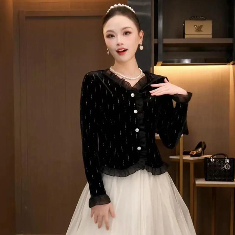 

Женская новая бархатная рубашка с оборками, темпераментный однобортный французский топ с V-образным вырезом 2XL чёрный