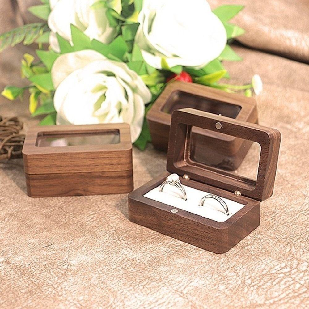 Double Slot Wooden Ring Box Rectangular Jewelry Ring Holder Black Walnut Cufflinks Box  Couples