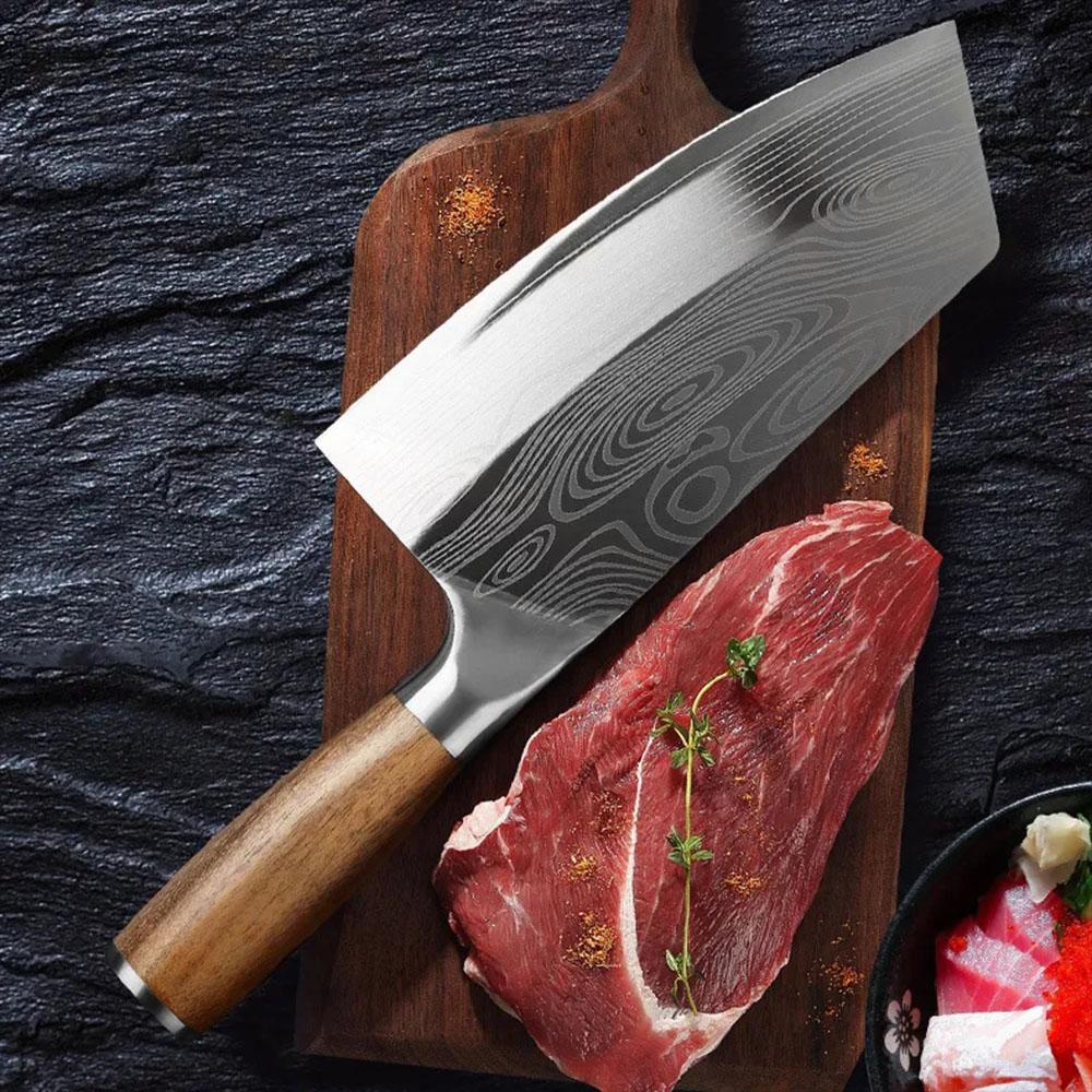 Laser Damascus Stainless Steel Cleaver Knife Wood Handle Kitchen Knives Cleaver Meat Chopping Vegetable Chef Butcher Knife Heavy