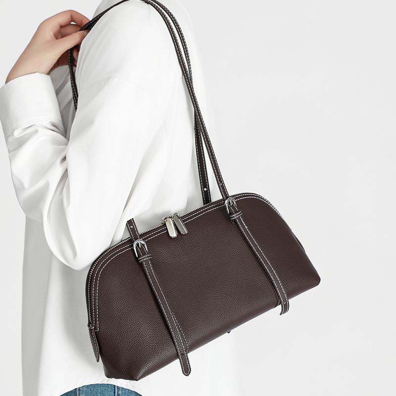 Women's Genuine Leather Shell Bag Minimalist Zipper Shoulder Bag with Adjustable Strap Casual Tote Handbag for Daily Commute