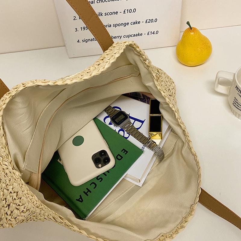 Straw Bag Women Hand-Woven Handbag Round Shape Rattan Bag Big Capacity Casual Beach Shoulder Crossbody Bag