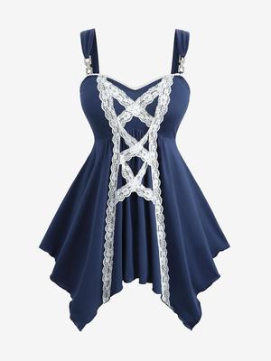 Rosegal Plus Size Lace Trim Lace-up Two Tone Handkerchief Tank Top