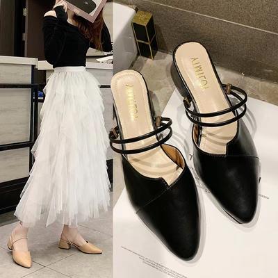 Thick Heel Cool Slippers Women's Summer 2019 New Bag Head Half Slippers Korean Version Inside and Outside Two Wear High Heels Women's Shoes